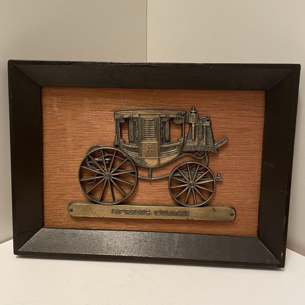 Vintage Ucagco Spring Coach Stagecoach Wall Plaque Framed Brass Relief 1950s